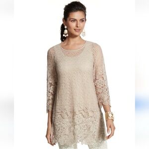 Chico's Travelers Collection Beige Cream Lace Tunic Top, Size 3 (XL)